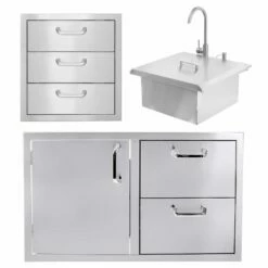 BBQ Direct Outdoor Kitchen 3-Piece Set With Access Door & Double Drawer Combo & Triple Access Drawer & Outdoor Rated Drop-In Bar Sink