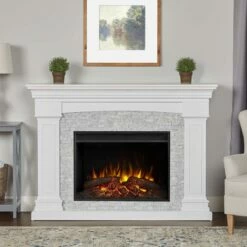 BBQDIRECT Sales 32 Real Flame 8290E-W Deland 63" Grand Electric Fireplace With Mantel - White