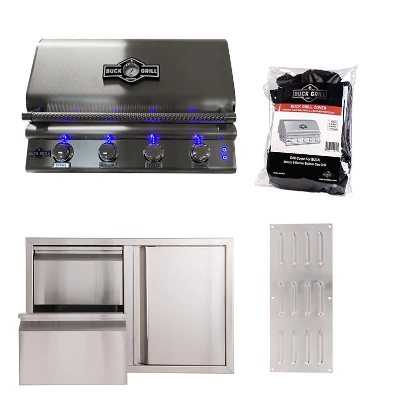 Buck Grill 32" Grill Package With Cover, Door/2-Drawer Combo And Island Vents 3 Buck Grill 32" Grill Package With Cover, Door/2-Drawer Combo And Island Vents