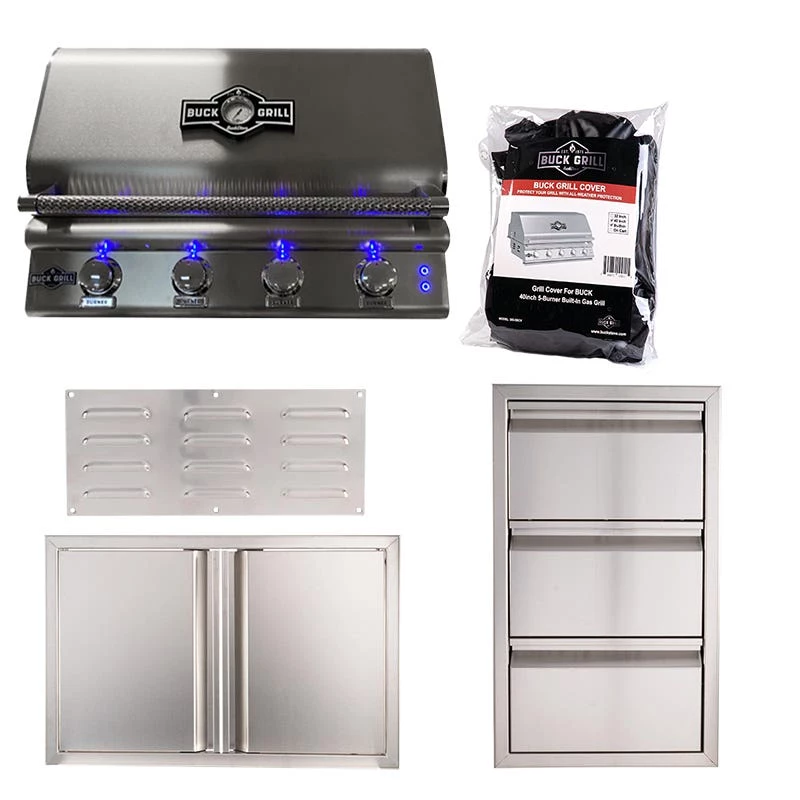 Buck Grill 32" Grill Package With Cover, Access Doors, Triple Drawers, And Island Vents 3 Buck Grill 32" Grill Package With Cover, Access Doors, Triple Drawers, And Island Vents