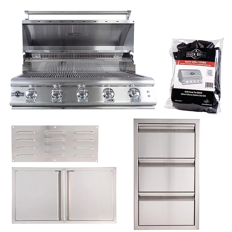Buck Grill 40" Grill Package With Cover, Access Doors, Triple Drawers, And Island Vents 3 Buck Grill 40" Grill Package With Cover, Access Doors, Triple Drawers, And Island Vents