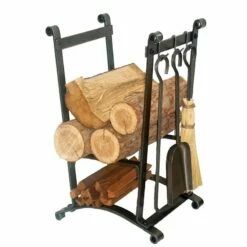 Enclume Compact Curved Fireplace Log Rack With Tools Hammered Steel Finish - LR16 HS