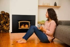 Buck Stove Model 74 Wood Insert With Blower - Heats Up To 2600 Square Feet -BBQDIRECT Sales model74 golddoor blacktrimkit inuse