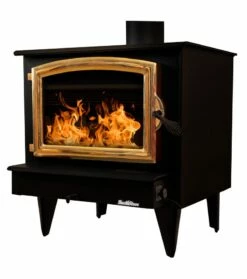 Buck Stove Model 74 Wood Stove With Blower- Heats Up To 2600 Square Feet -BBQDIRECT Sales model74 golddoor newlegs left 3