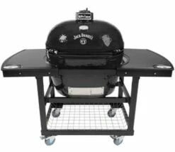 Primo Jack Daniels Edition Oval XL Ceramic Kamado Grill On Steel Cart With Two-Piece Island Side Shelves