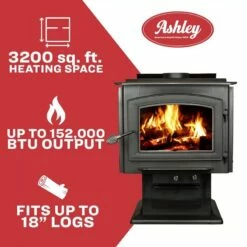 Ashley Extra Large Wood Burning Stove With Blower - Heats Up To 3200 Square Feet -BBQDIRECT Sales wood stove ashley aw3200 p spec hero